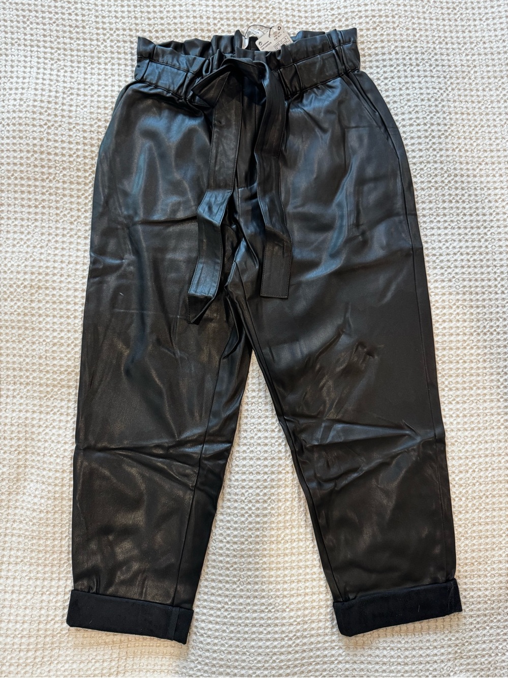 NWT Mango Faux Leather Paperbag Pants Black Tapered Size Small